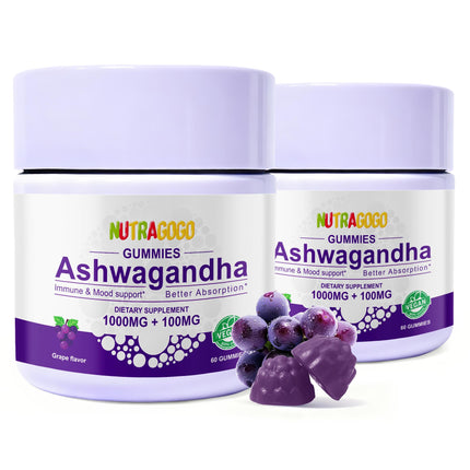 NUTRAGOGO Ashwagandha Gummies & Vitamin D3 Gummies Organic Aswangdha Supplement for Improve Sleep, Stress Relief & Mood Calm (Grape Berry,Non-GMO, Gluten-Free & Sugar Free)-2 Pack
