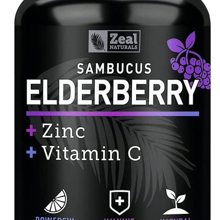 Zeal Naturals Max Strength Elderberry Capsules - 500mg, 100 Capsules | Sambucus Black Elderberry, Vitamin C, and Zinc | 3-in-1 Immune Support Supplement for Adults