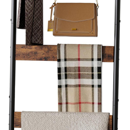 Blanket Ladder, 5-Tier Towel Holder with 4 Removable Hooks, Farmhouse Wall Leaning Decorative Rack Shelf, Wooden Towel Display Rack, Quilt Ladder for Living Room, Bedroom, Rustic Brown