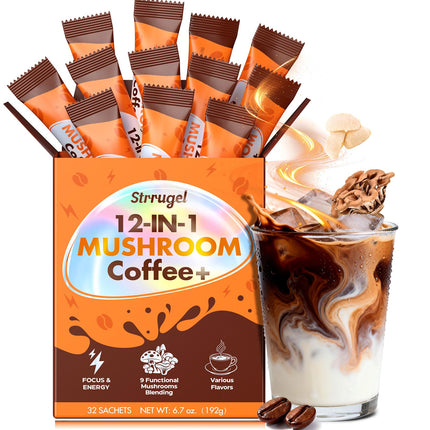 strrugel Organic Mushroom Coffee with Lion’s Mane & Reishi - 9 Functional Mushrooms + Ashwagandha for Focus, Energy & Stress Relief - Low Caffeine Instant Coffee Sticks, 32 Servings