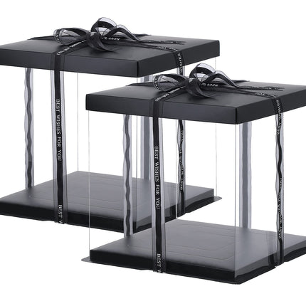 XININSUN 2Pcs Large Cake PET Clear Box, 10" X 10" X 9" with ribbon and pre-folded lid, for 8" cake packing carry, baking cookie display, Carry Tall Layer Gift, Festive Gift Box -Black