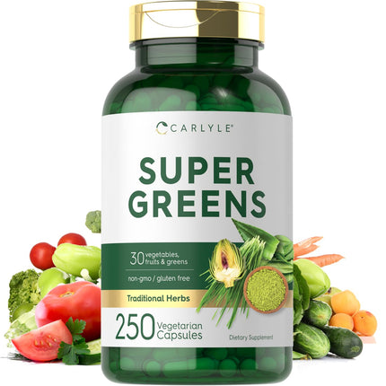 Carlyle Super Greens Capsules | 250 Count | Blend of 13 Vegetables and Greens Plus 17 Fruits | Non-GMO & Gluten Free Supplement