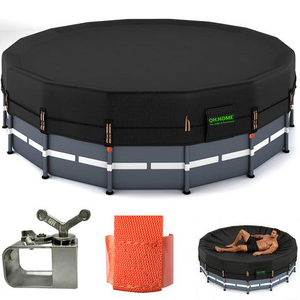 QH.HOME 550D 22ft Pool Cover Round[Upgraded Tear Resistant & Quadruple Windproof] wth Pre-Installed Patented Winch and Rope, Pool Covers for Above Ground Pools-Snug Fit & Waterproof Protection
