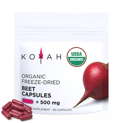 KOYAH - Organic Beet Capsules – Freeze-Dried Whole Beet Root – 500 mg per Capsule – Cardiovascular Support & Blood Flow Support* - 60 Capsules