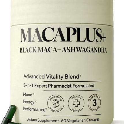Organic Peruvian Black Maca Root Capsules - 1,500mg 40X Strength with Ashwagandha & Fenugreek - 3-in-1 Adaptogen Complex for Women & Men - Non-GMO Vegan (60 Ct)