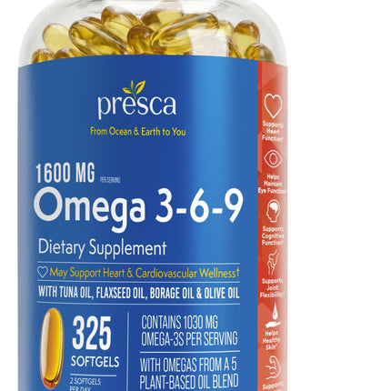 Presca Omega 3-6-9 Dietary Supplement (325 ct.) - Promote Visual Function and Eye Health - Support Heart, Cardiovascular Health, Healthy Skin, Hair and Overall Health (Omega 3-6-9)