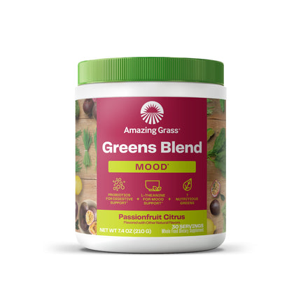 Amazing Grass Greens Blend Mood, Super Greens Powder Smoothie Mix for Stress Support, L-Theanine, Relaxation, Spirluna, Probiotics, Passionfruit Citrus, 30 Servings, 7.4 Ounce (Packaging May Vary)