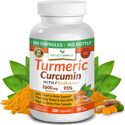 Turmeric Curcumin Supplement 2600mg | Organic Turmeric Powder - 95% Curcuminoids, 200 Capsules - Extra Strength for Joint Support with Black Pepper - High Absorption, BioPerine Extract, Vegan Pills