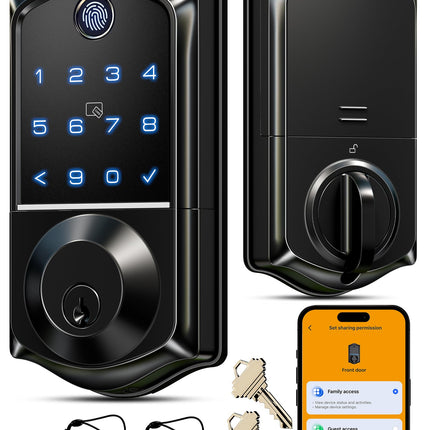 Veise VE017 Fingerprint Smart Door Lock, App Control, 8-in-1 Keyless Entry, Auto Lock, Emergency Power Port, Electronic Touchscreen Keypad, Biometric Smart Locks for Front Door, Matte Black