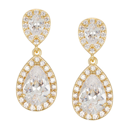 SWEETV Cubic Zirconia Teardrop Bridal Earrings, Rhinestone Dangle Earrings for Wedding Prom Anniversary (Gold)