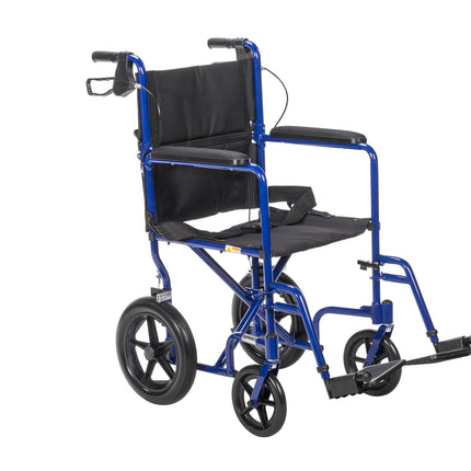 Drive Medical Lightweight Expedition Folding Transport Wheelchair with Hand Brakes - Portable Support - Large Rear Wheels - Compact Folding - Comfortable Design - Blue