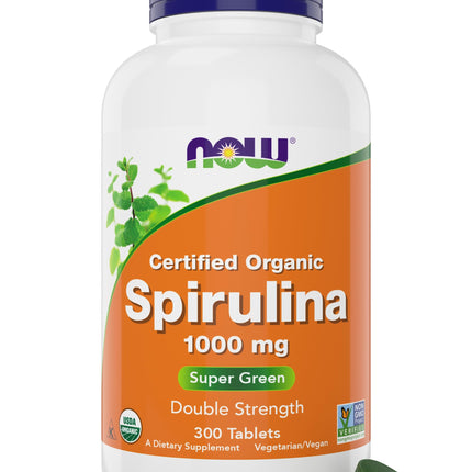 NOW Foods Organic Spirulina 1000mg Tablets - 300 Count - Non-GMO, Super Green Whole Food Supplement - Double Strength