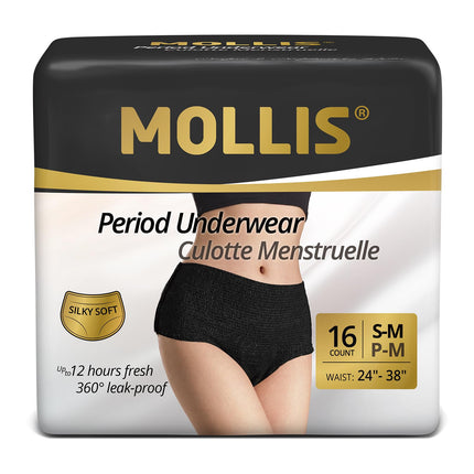 MOLLIS Disposable Period Underwear for Women, Postpartum Panties, Maternity Knickers Heavy Flow Leak Proof, Black, Small/Medium, 16 Count