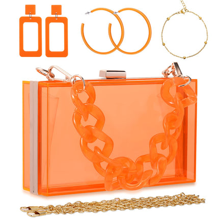 Jadive Orange 4 Pcs Purse Clear Women Acrylic Clutch Hand Bag Evening Retro Earring Bracelet Jewelry Set Neon Vintage Wedding Gift