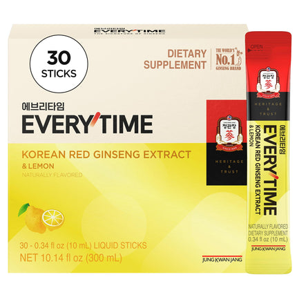 JUNG KWAN JANG Everytime Korean Red Ginseng Extract Stick 1,050mg & Lemon - Vegan Ginseng Root Energy Drink Liquid Stick Supplements - Builds Stamina & Immunity, No Caffeine Non-GMO (30 Sticks)