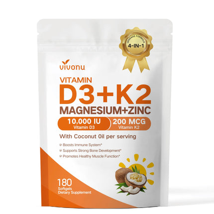 VivoNu Vitamin D3 K2 10,000 IU Magnesium Supplement – 4-in-1 with Vitamin D and K (MK-7), Magnesium Glycinate & Zinc Citrate – 180 Softgels for Energy, Bone* & Muscle* Support*