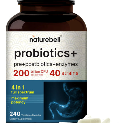 NatureBell Probiotic 200 Billion CFU – 40 Strains Per Serving | 240 Veggie Capsules with Prebiotics and Probiotics – Full Spectrum Complex with Enzymes – Daily Probiotics for Women & Men