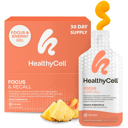 Healthycell Focus & Recall, Daily Liquid Brain Supplement for Focus & Memory - Nootropics Supplement for Concentration & Alertness with L-Theanine, Omega-3 & Taurine - 30 Gel Packs