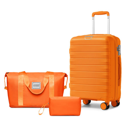 LARVENDER Luggage Sets 3 Piece with Duffel Bag Hardside PP Carry On Suitcase with 360° Spinner Wheels TSA Lock Luggage Sets for Women, Orange