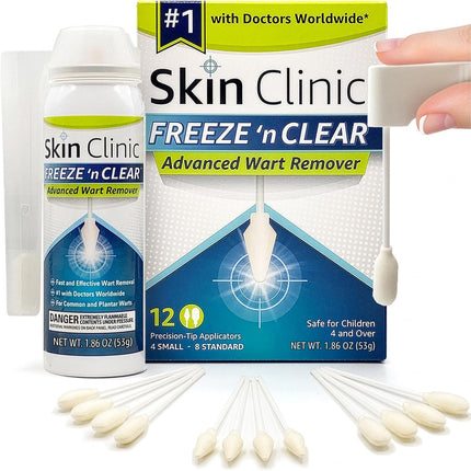 Skin Clinic Freeze 'n Clear Advanced Wart Remover - USA Made Cryo-Freeze Kit with 12 Precision-Tip Applicators - FDA-Cleared Freezing Wart Treatment Solution for Adults & Kids 4+