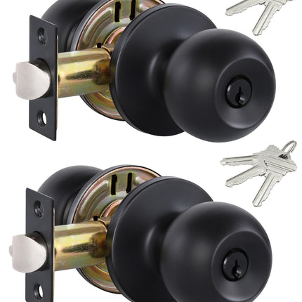 Lanwandeng 2 Pack Entry Door Knobs with Lock and Keys All Alike, Interior/Exterior Door Knob for Bedroom or Bathroom, Entrance Matte Black Door Locks
