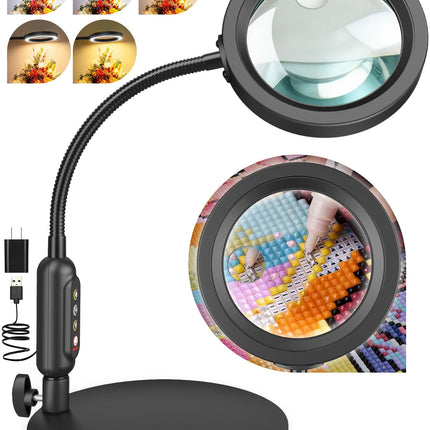 30X 10X Magnifying Glass with Light and Stand, 5 Color Modes Stepless Dimmable, Optical Grade HD Lens, LED Lighted Magnifier Hands Free with Flexible Gooseneck for Close Work, Craft, Hobby, Painting