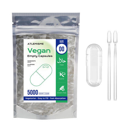 ATLEMISME Empty Vegan Capsules Size 00 - Vegan Capsules Empty (5000 Count) Empty Capsules DIY Vegetable Capsule Filling - Veggie Capsules Empty Caps with 2 Micro Lab Spoons for Capsule Filling