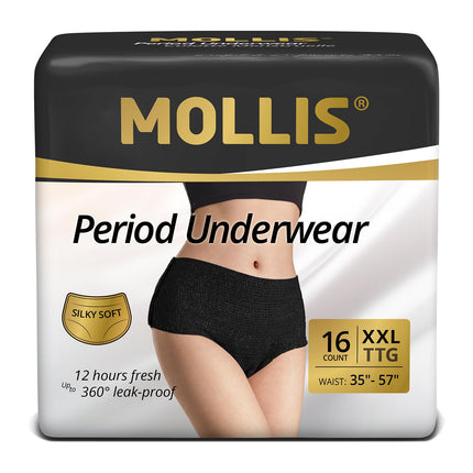 MOLLIS Disposable Period Underwear for Women, Postpartum Panties, Maternity Knickers Heavy Flow Leak Proof, Black, XXLarge, 16 Count