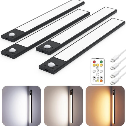 12" Under Cabinet Lighting Wireless, Remote, Motion Sensor, 4Pack, Black
