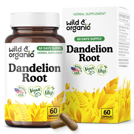 Wild & Organic Dandelion Root Capsules - Liver Support Supplement - Fresh Dandelion Root Powder per Capsule - 60 Vegan Capsules - 2 Month Supply - No Fillers, Non-GMO
