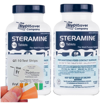 2 Bottles Steramine Sanitizer Tablets (300 Count) + 15x QT-10 Test Strip