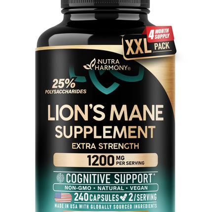 Lions Mane Supplement Capsules - Organic Lions Mane - Made in USA - Fruiting Bodies Extract - 1200 mg, 25% Polysaccharides - Memory & Focus Support - As Lions Powder - 240 Capsules, 4 Month Supply