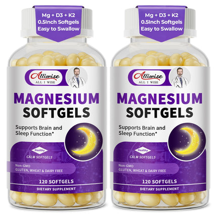 2 Pack High Absorption Magnesium Glycinate 400mg Softgels Supplement, Magnesium with Calcium - Highly Bioavailable - with Vitamin D3 & K2, for Sleep, Mood, Brain Support