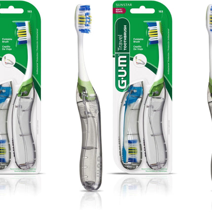 GUM Folding Travel Toothbrush, Compact Head + Tongue Cleaner, Soft Bristled Travel Toothbrushes for Adults, 2ct (Pack of 2)