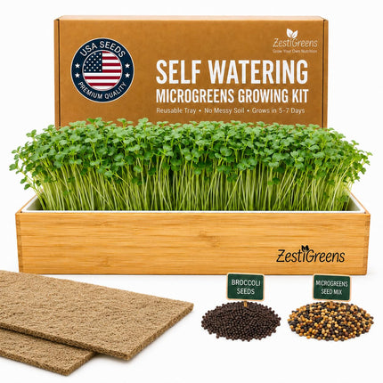Organic Self-Watering Microgreens Growing Kit – Reusable Indoor Grow Tray with Organic Seeds, Grow Mats & Bamboo Frame – Easy No-Soil Microgreens Starter Kit (Broccoli & Salad Mix)