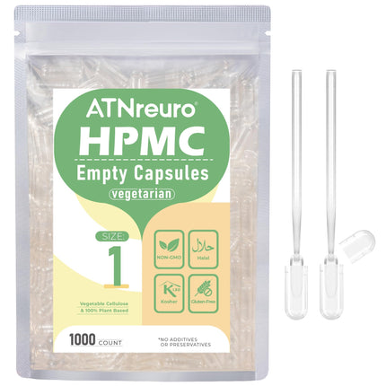 ATNreuro Size 1 Empty Vegan Capsules with 2 Micro Spoons - 1000 Count Empty Vegetarian Capsules - Empty Pill Capsules for Powders Supplements