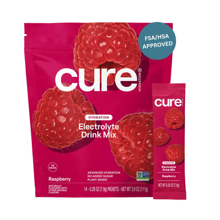 Cure Hydration | Plant-Based Electrolyte Drink Mix | No Added Sugar | Dehydration Relief Powder Made with Coconut Water | Non-GMO | Vegan | Pouch of 14 Packets - Raspberry