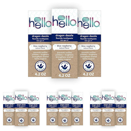 Hello Dragon Dazzle Blue Raspberry Kids Toothpaste, Fluoride Toothpaste, Ages 2+, No Artificial Sweeteners, No SLS, Gluten Free, Vegan, Pack of 12, 4.2 OZ Tubes