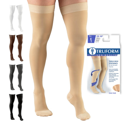 Truform 20-30 mmHg Compression Stockings for Men and Women, Thigh High Length, Dot Top, Closed Toe, Beige, Large