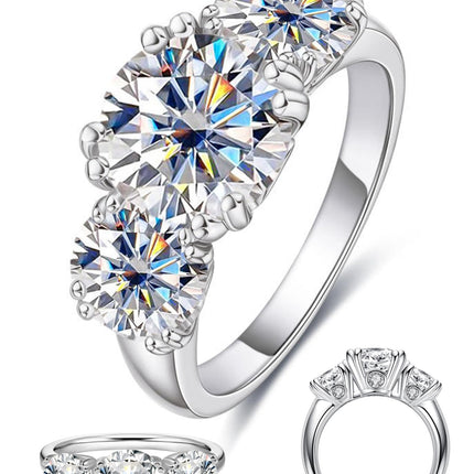 4 Carat Moissanite Rings for Women, Three Stone Moissanite Engagement Ring 14K White Gold Plated Promise Ring for Her, Round Brilliant Cut Anniversary Wedding Ring Trilogy Jewelry, D Color VVS1 (Silver, 6)