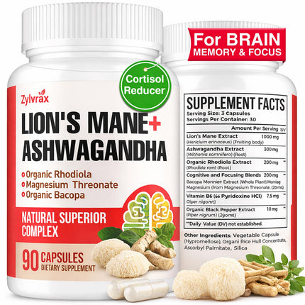 Ashwagandha & Lions Mane Supplements Capsules, Brain Supplements for Memory and Focus, Ashwagandha with Rhodiola Rosea for Cognitive, Immune Support, Cortisol Supplements for Women, 90 Capsules
