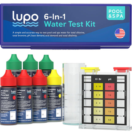 Lupo 6-in-1 Pool Test Kit | Pool Testing Kit for Residential Swimming Pools & Spas for Testing Total Chlorine, Total Bromine, pH, Base Demand, Acid Demand & Total Alkalinity Quick & Accurate Testing