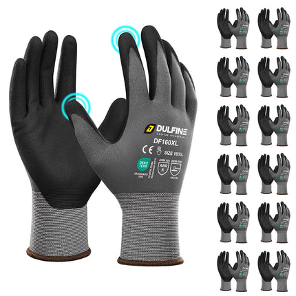 DULFINE Safety Work Gloves MicroFoam Nitrile Coated-12 Pairs Pack,Seamless Knit Nylon Glove with Black Micro-Foam Nitrile Grip,Ideal for General Purpose,Automotive,Home Improvement,Painting(Medium)