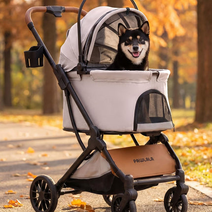 PAWLALA Pet Stroller with Detachable Carrier for Small & Medium Dogs & Cats, Smooth Comfort Ride with Shock-Absorbing Suspension, Foldable Dog Stroller, Compact Storage (Cloud Gray)
