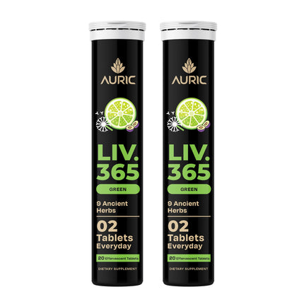 Auric Liv 365 Green Effervescent Tablets | with Milk Thistle (Silymarin), Turmeric, Licorice, & Ginger | Herbal Wellness Supplement | Plant-Based | 40 Tablets
