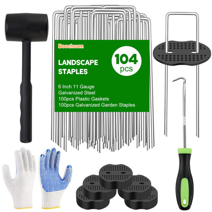 Landscape Fabric Staples with Rubber Hammer,6Inch 50pcs Galvanized Garden Pegs+ 50pcs Gaskets + Pick Hook + Gloves,Anti-Rust,U-Shaped Lawn Spikes,Yard Turf Pins for Weed Barrier,Ground Grass Cover