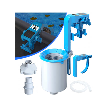 DeeprClean Newly Above Ground Pool Skimmer with Solar Digital Thermometer, Wall Mount Surface Skimmer with Adjustable Height Bracket, Auto Skimming for Pool Surface Floating Leaves & Debris - Blue