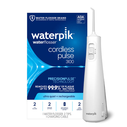 Waterpik Cordless Pulse 3100 Rechargeable Portable Water Flosser for Teeth, Gums, Braces Care and Travel with 2 Flossing Tips, Waterproof for Shower Use, ADA Accepted, WF-20 White, Amazon Exclusive