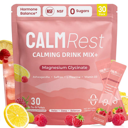CalmRest Calm Magnesium Powder Hormone Balance Support* Cortisol Supplement for Women, Sleep, Stress Relief & Relax Supports* with Ashwagandha, No Sugar, 30Ct, Raspberry Lemonade