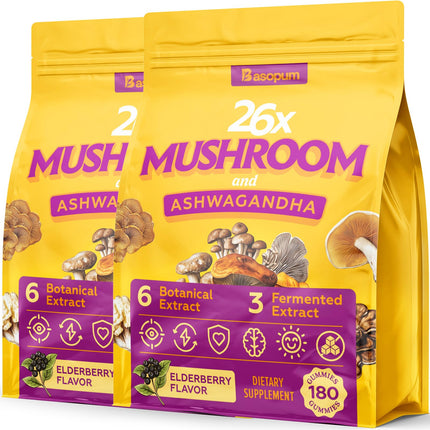 Basopum Mushroom Gummies 4000mg, Ashwagandha Gummies, Brain Supplements for Memory and Focus, 2 Pack